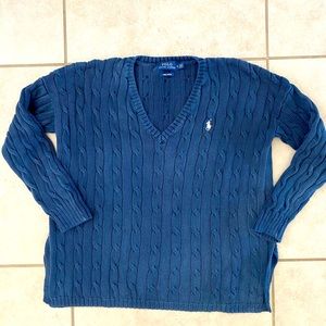 Women’s Ralph Lauren Polo Cable Knit Sweater V-Neck Used Navy Blue M